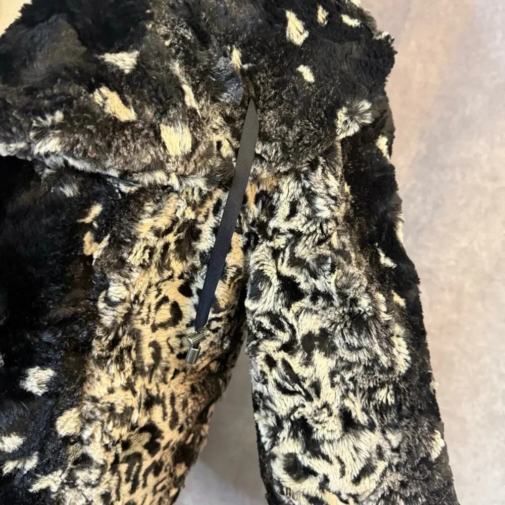 La Seine Black & White Faux Fur Leopard Coat Women’s Large Cropped Winter Jacket - Picture 8 of 14